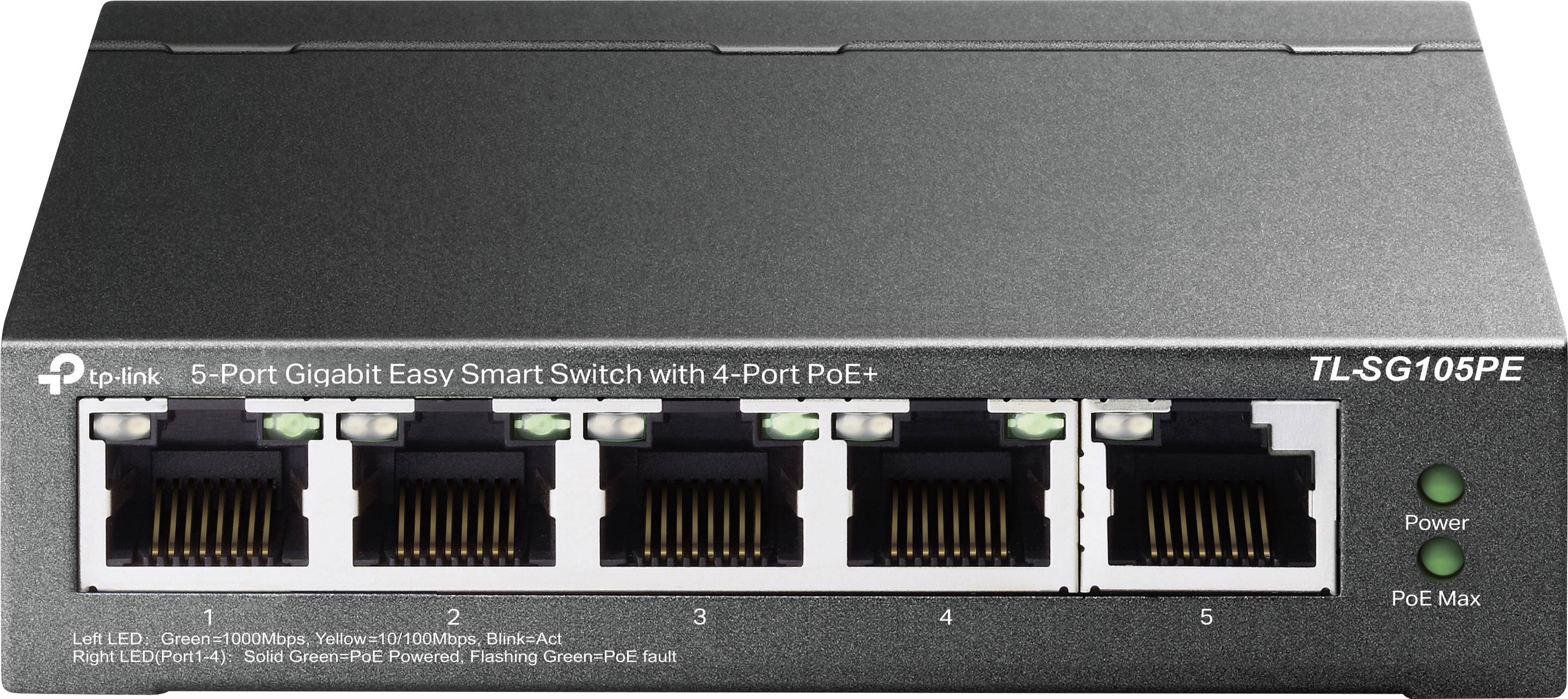Un switch Gigabit TP-Link à 5 ports avec 4 ports PoE+. Les LED indiquent le statut du réseau ; idéal pour l'extension simple du réseau.