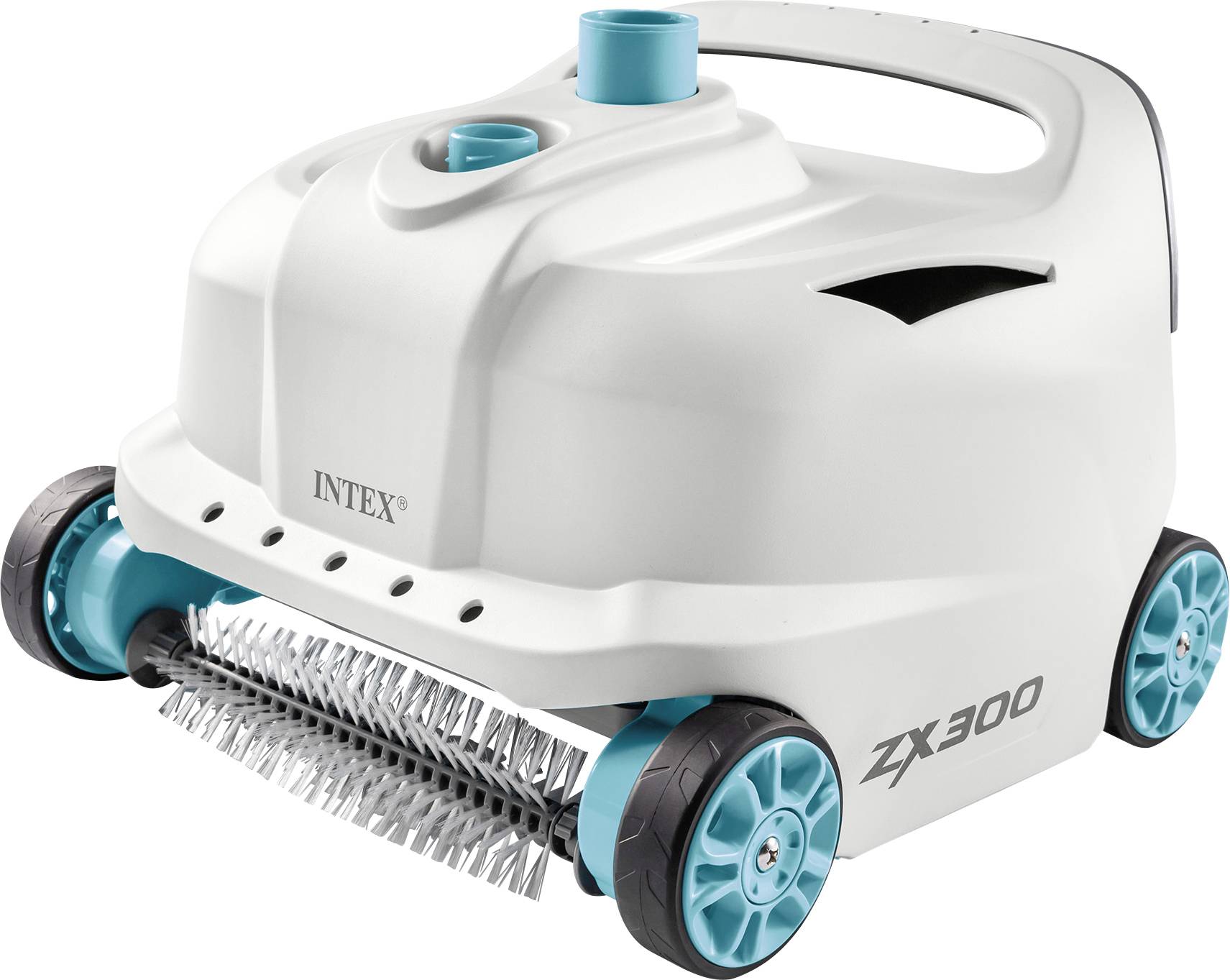 Un aspirateur automatique de piscine avec des roues et des brosses bleues, modèle 'Intex ZX300', contribue au nettoyage des fonds de piscine.