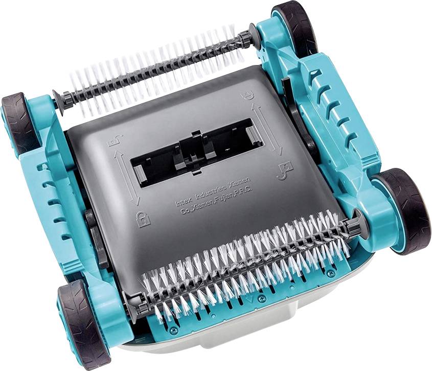 Vue arrière d'un appareil de type robot de piscine avec des roues et des brosses.