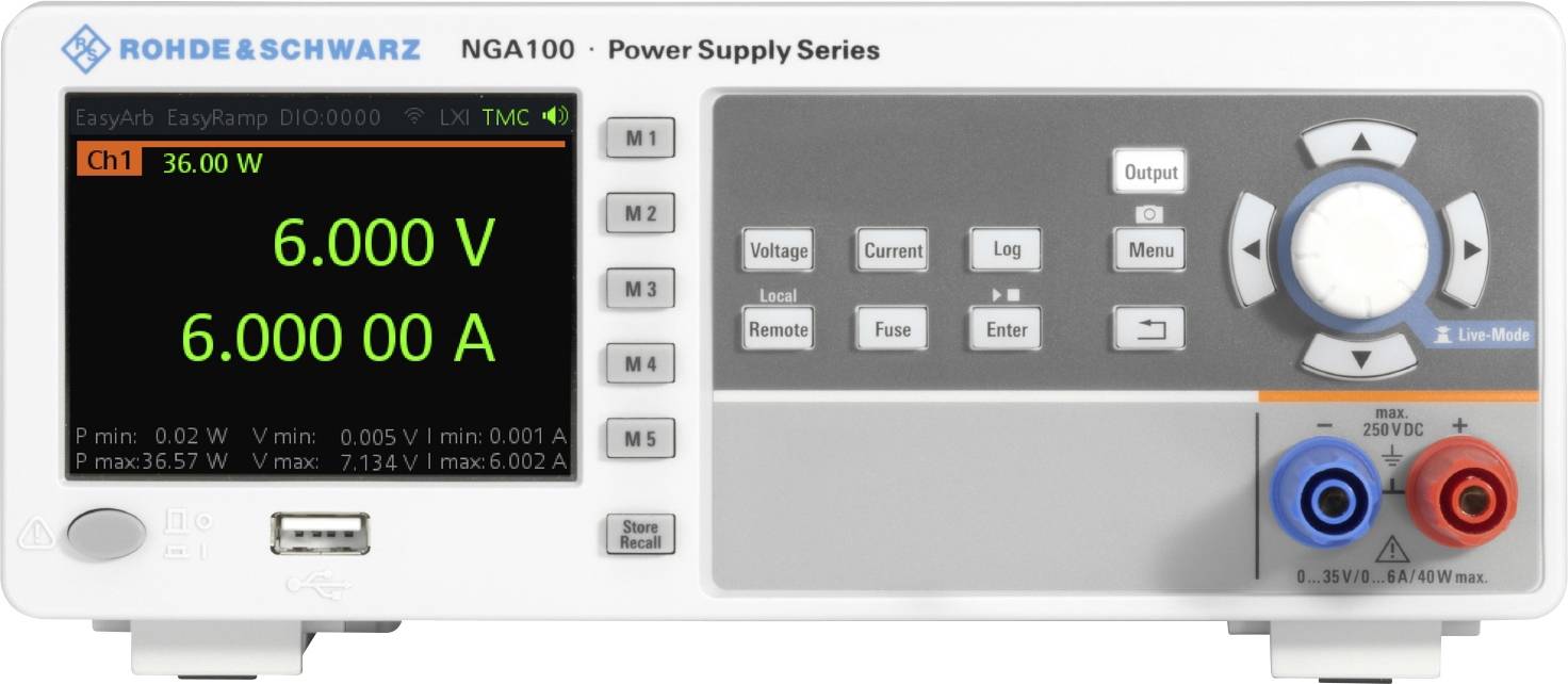 Alimentation de laboratoire avec affichage numérique. Affiche 36,00 W, 6 000 V et 6 000 A pour le canal 1. Commandes à droite, connexions en bas à droite.