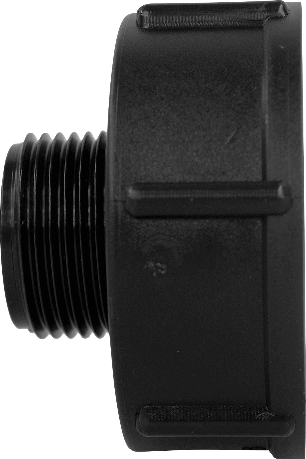 Pièce cylindrique noire en plastique avec filetage.