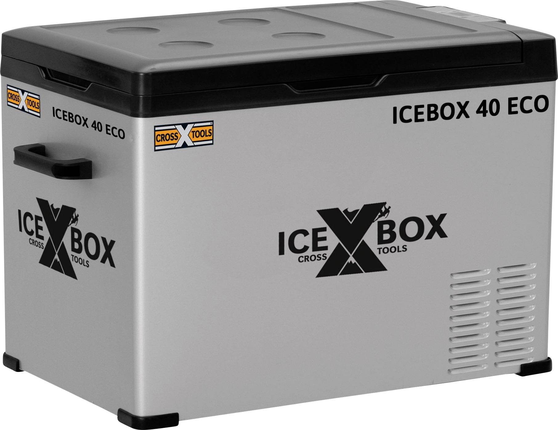 Glacière portable grise et noire avec couvercle et poignées latérales, étiquetée « ICEBOX 40 ECO » et « ICEBOX Cross Tools ».