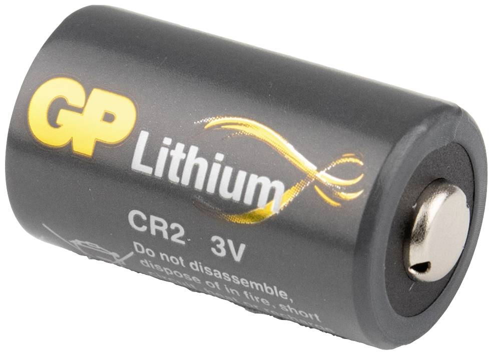 Batterie au lithium noir de la marque GP, type CR2, avec une tension de 3V.