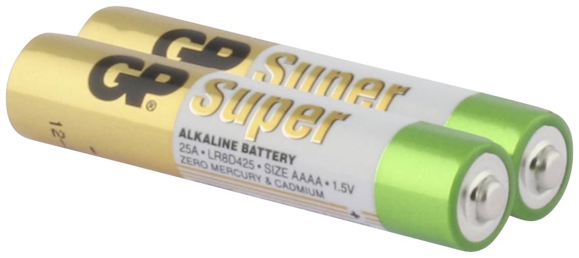 Deux piles alcalines GP Super de taille AAAA, 1,5V. Une est dorée, l'autre verte, avec le texte 'ZÉRO MERCURE & CADMIUM'.