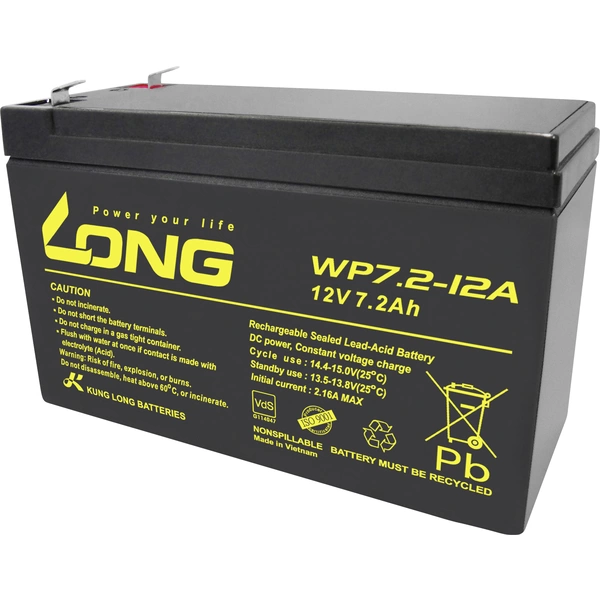 Long WP7.2-12A/F2 WP7.2-12A/F2 Batterie au plomb 12 V 7.2 Ah plomb (AGM) (l x H x P) 151 x 102 x 65 mm cosses plates 6,35 mm Long WP7.2-12A/F2 WP7.2-12A/F2 Batterie au plomb 12 V 7.2 Ah plomb (AGM) (l x H x P) 151 x 102 x 65 mm cosses plates 6,35 mm