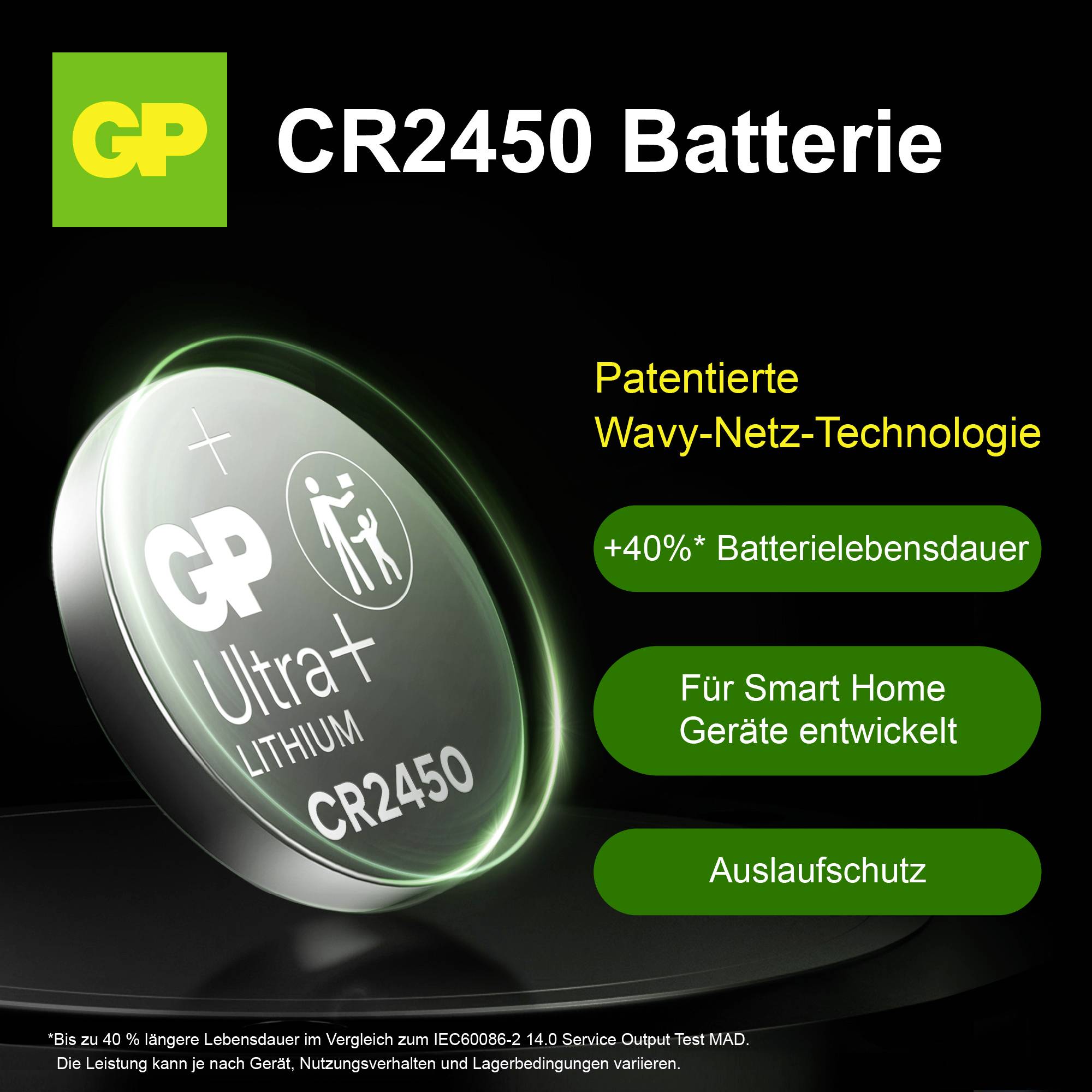 Publicité graphique pour une batterie GP CR2450 avec avantages : technologie de réseau ondulé brevetée, +40% de durée de vie de la batterie, pour appareils domotiques, protection contre les fuites.