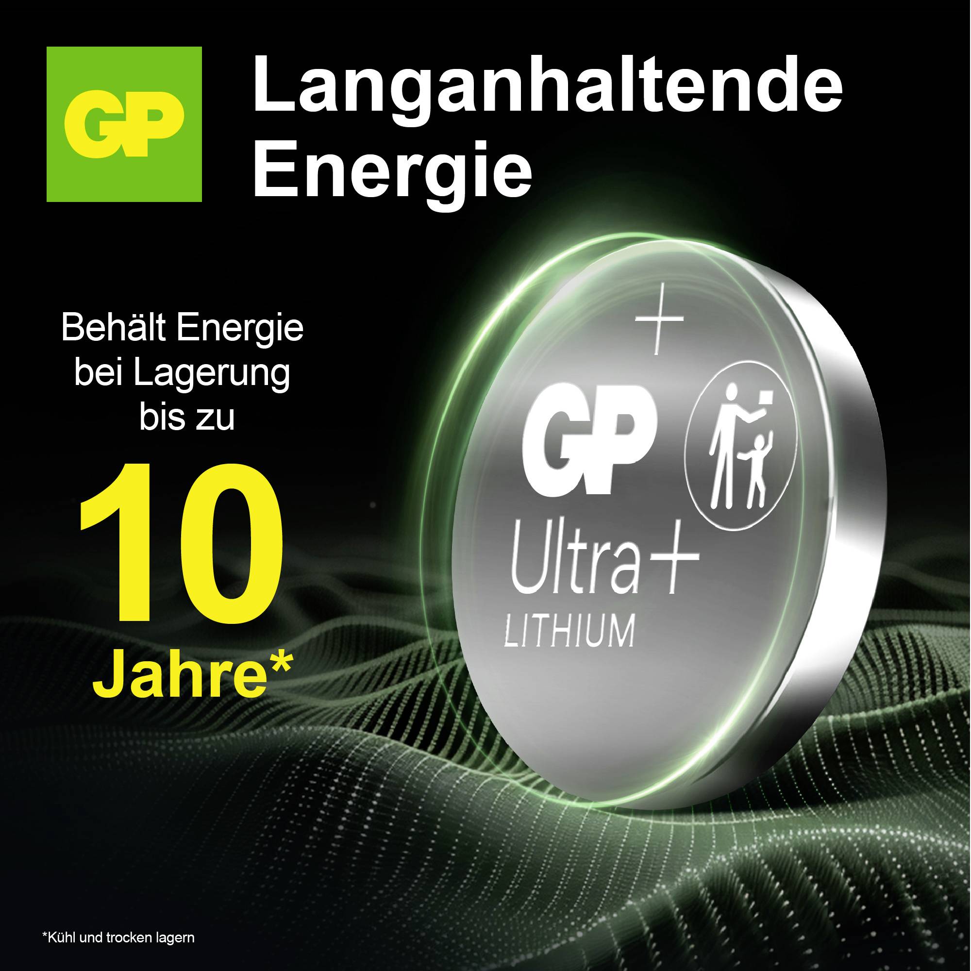 Annonce publicitaire pour GP Ultra+ Lithium : « Énergie durable », conserve l'énergie lors du stockage jusqu'à 10 ans ; Remarque : conserver dans un endroit frais et sec.