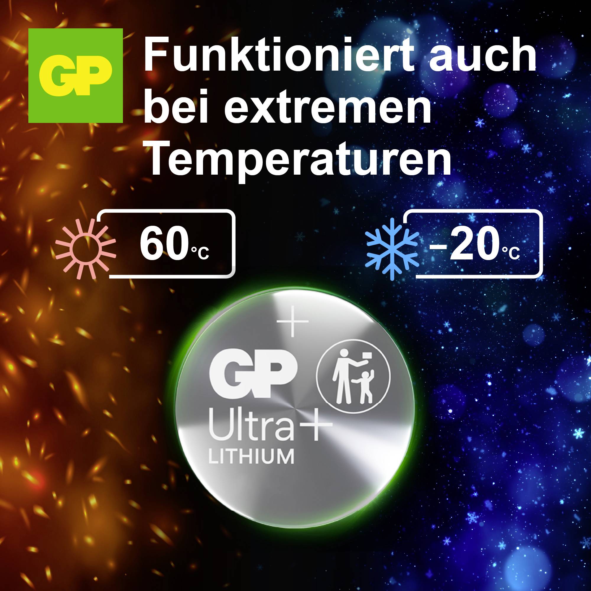 Publicité pour GP Ultra+ Lithium : « Fonctionne également à des températures extrêmes », de 60 °C à -20 °C, avec la batterie au milieu.