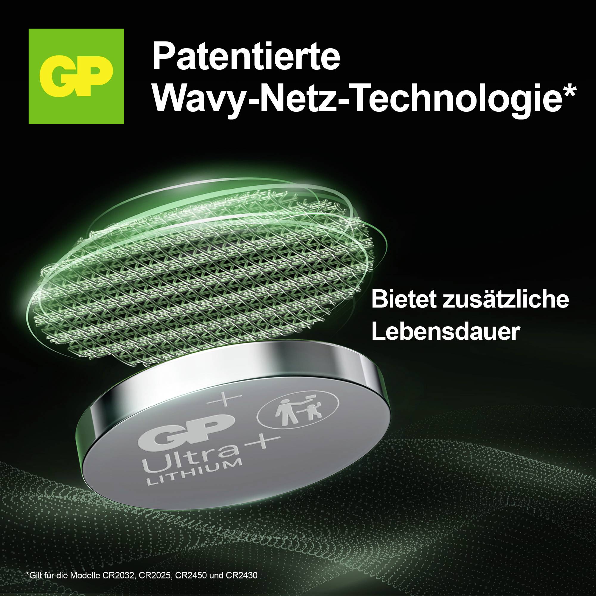 Annonce publicitaire pour GP Ultra Lithium : « Technologie de réseau ondulé brevetée » avec symbole de réseau vert et mention « Offre une durée de vie supplémentaire » pour piles bouton.