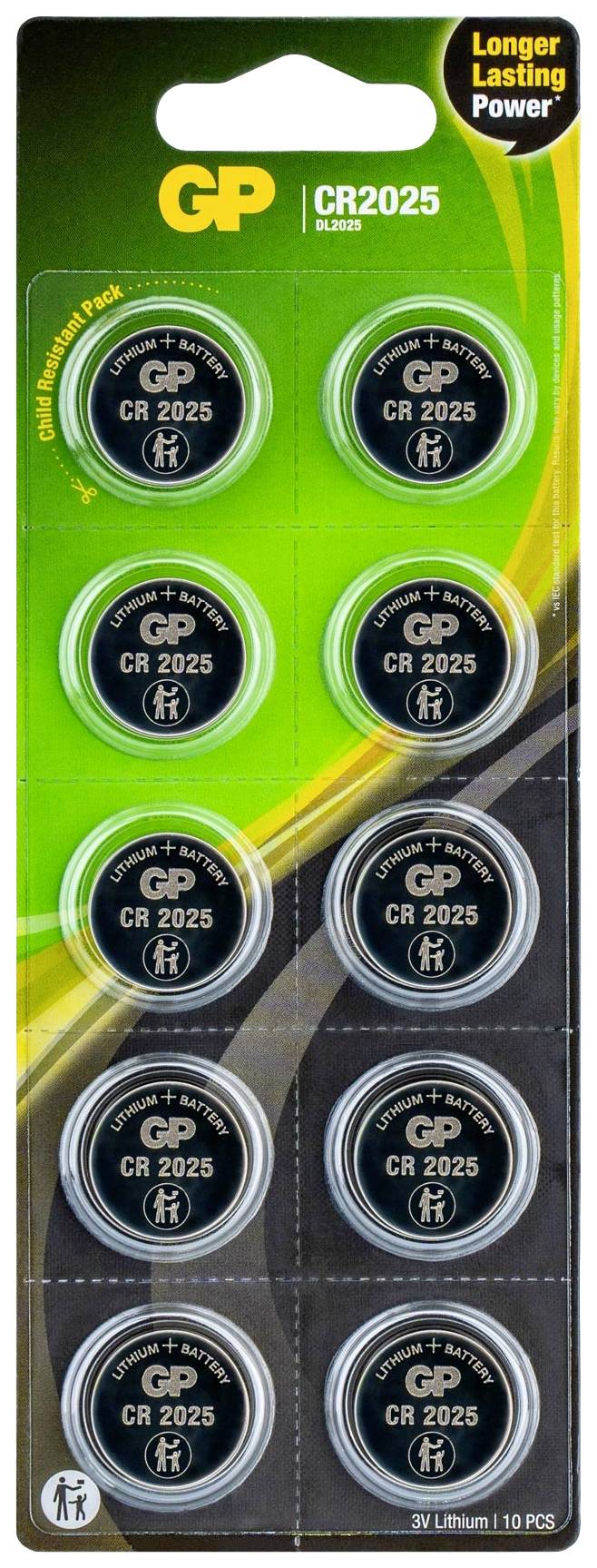 Blister de dix piles bouton lithium CR2025 de GP portant l'inscription 'Longer Lasting Power'.
