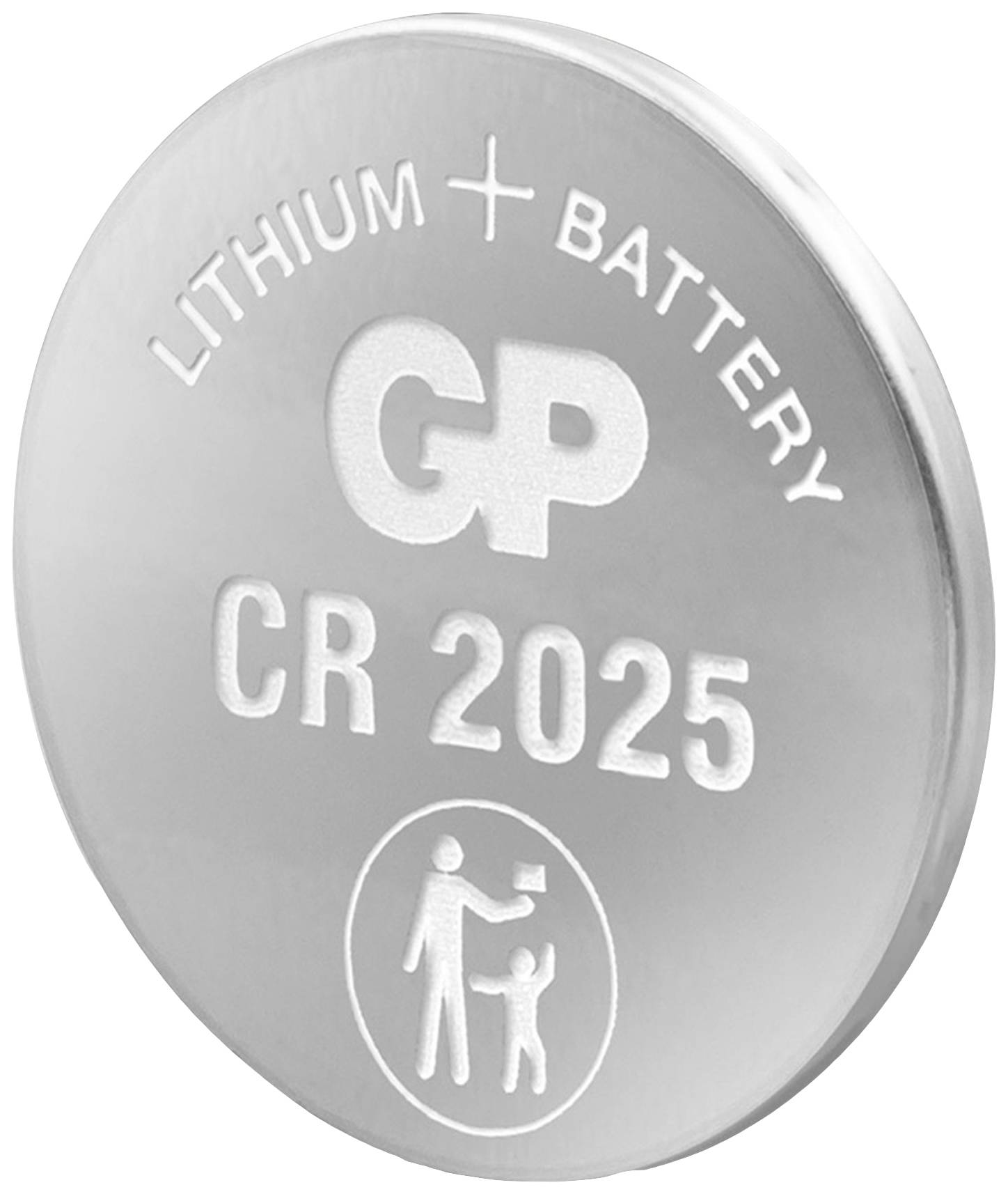 Pile bouton ronde argentée portant l'inscription « Lithium Battery CR 2025 ». Des symboles successifs indiquent le type de batterie et la sécurité enfant.