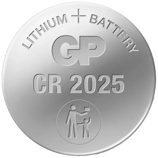 Pile bouton au lithium portant l'inscription « Pile lithium CR 2025 ». Comporte un symbole d'avertissement indiquant un danger pour les jeunes enfants en cas d'ingestion de petits objets.