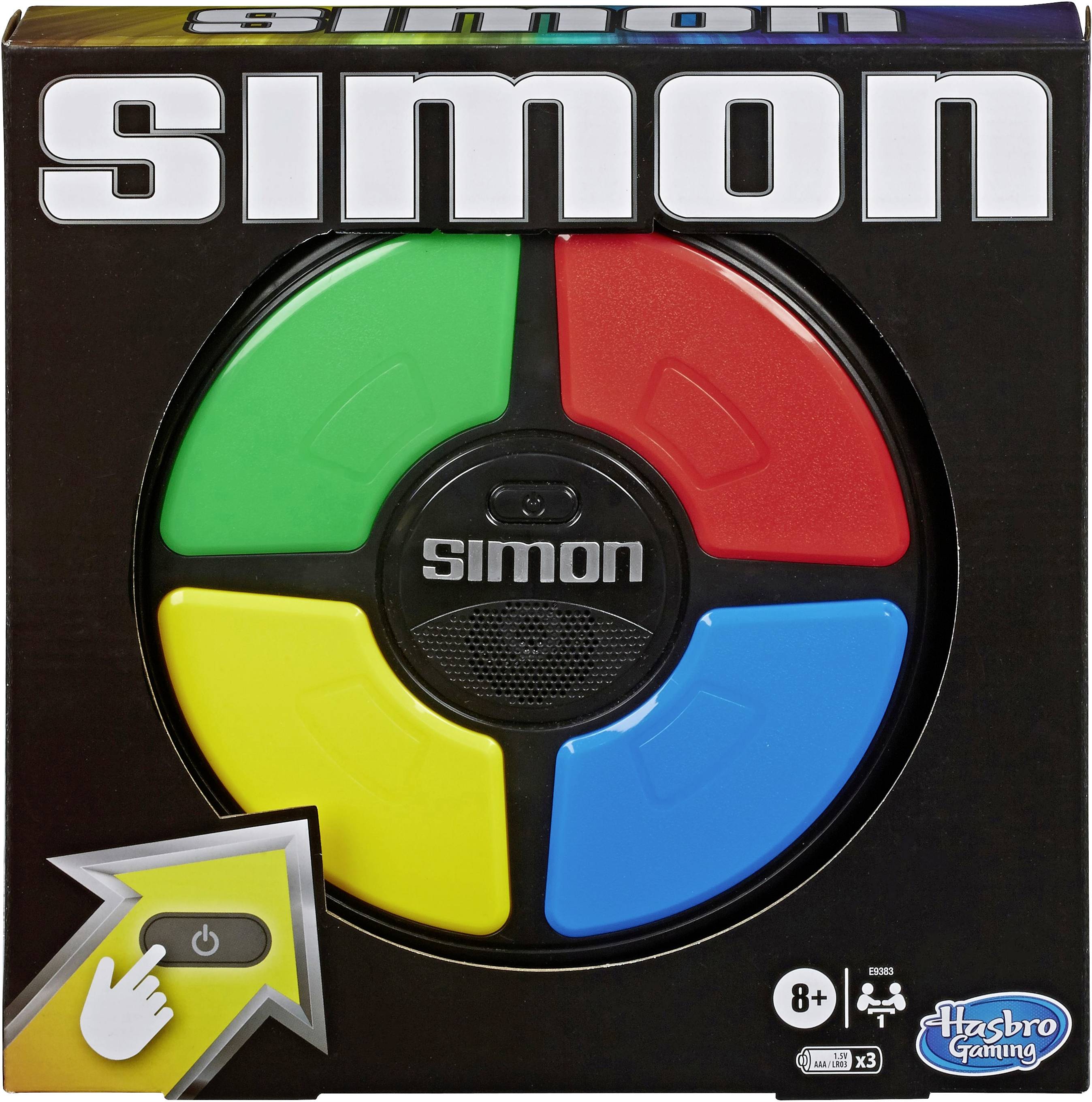 Jeu Simon de Hasbro Gaming : Jeu électronique de réaction en rouge, bleu, vert et jaune, recommandé à partir de 8 ans. Recto de l'emballage.