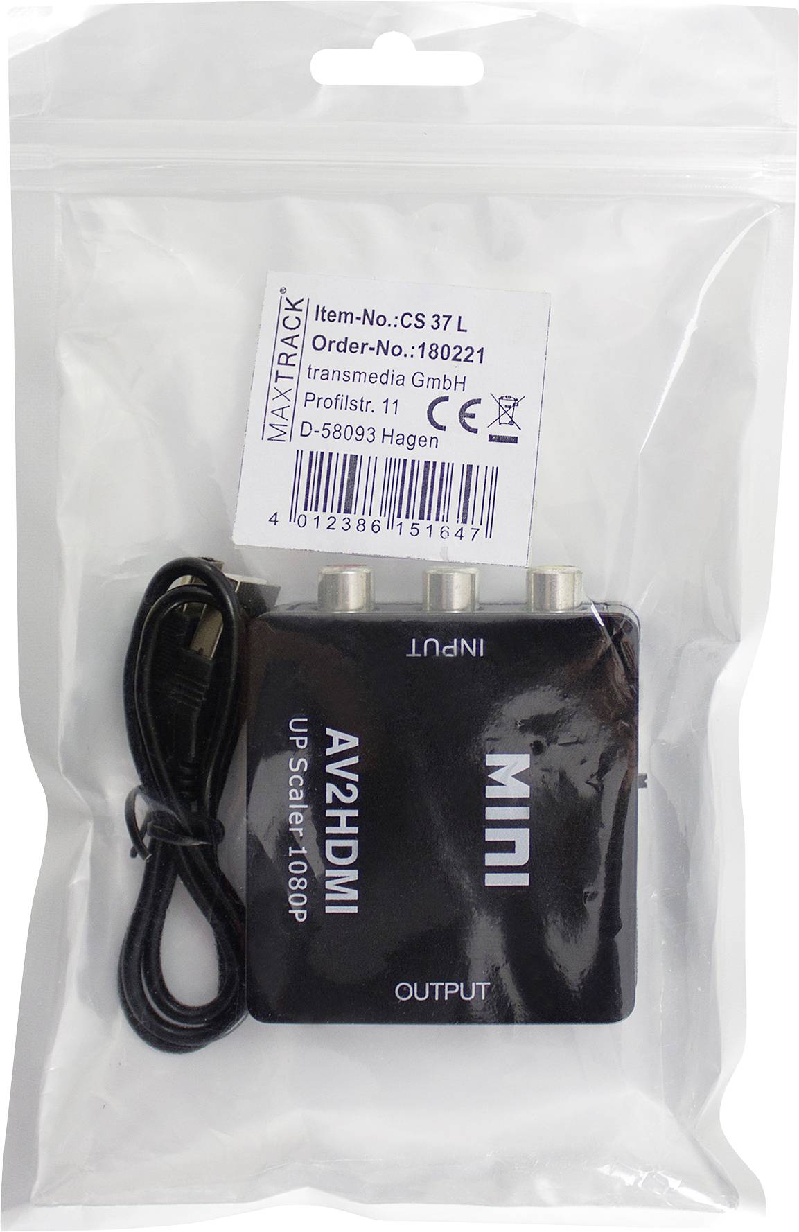 Convertisseur vidéo Mini AV2HDMI dans un emballage en plastique. Boîtier noir avec câble USB. Étiquette portant le numéro de commande et l'adresse.