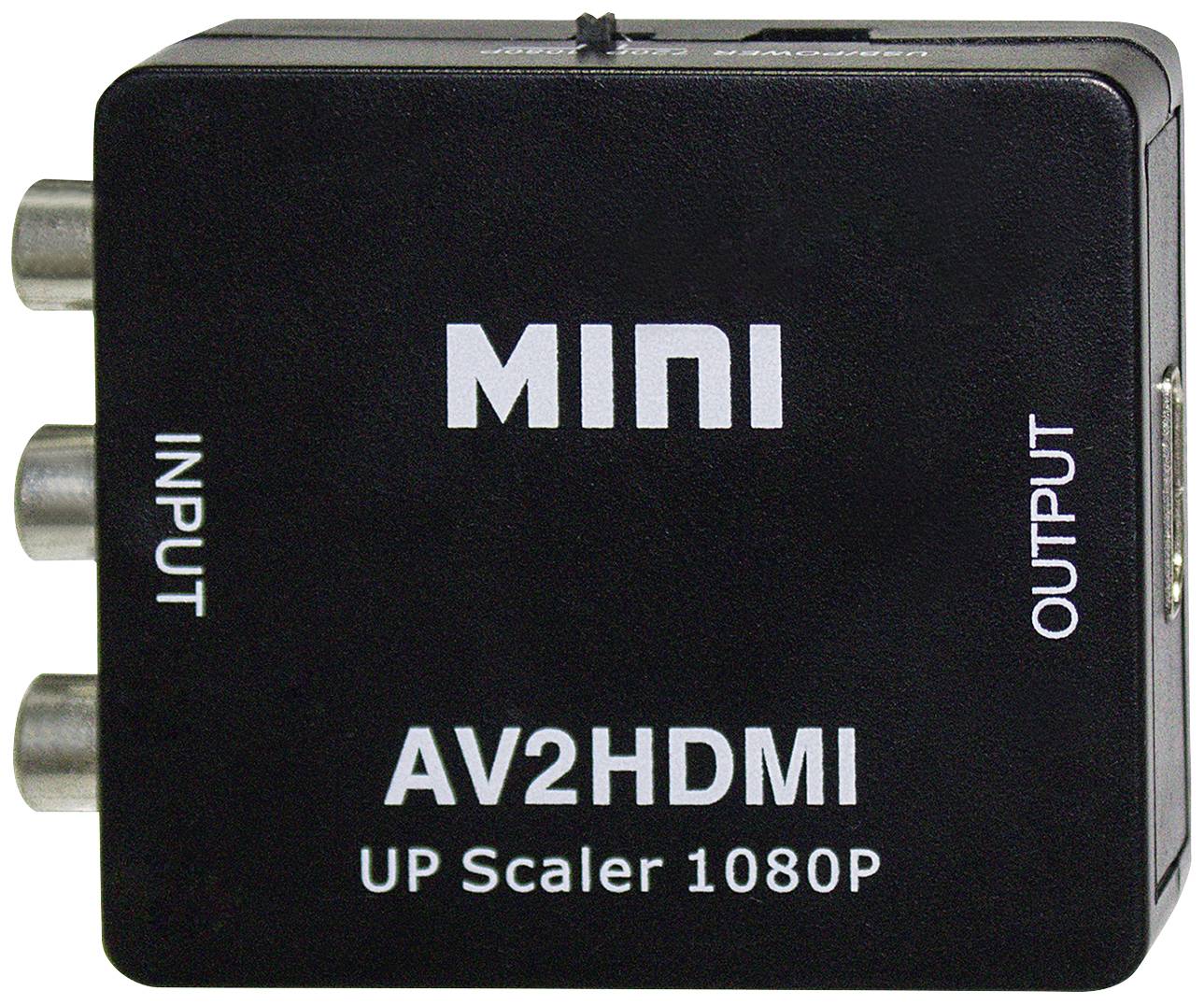 Un appareil noir et blanc doté de trois ports d'entrée à gauche et d'un port de sortie à droite, étiqueté « MINI AV2HDMI UP Scaler 1080P ».