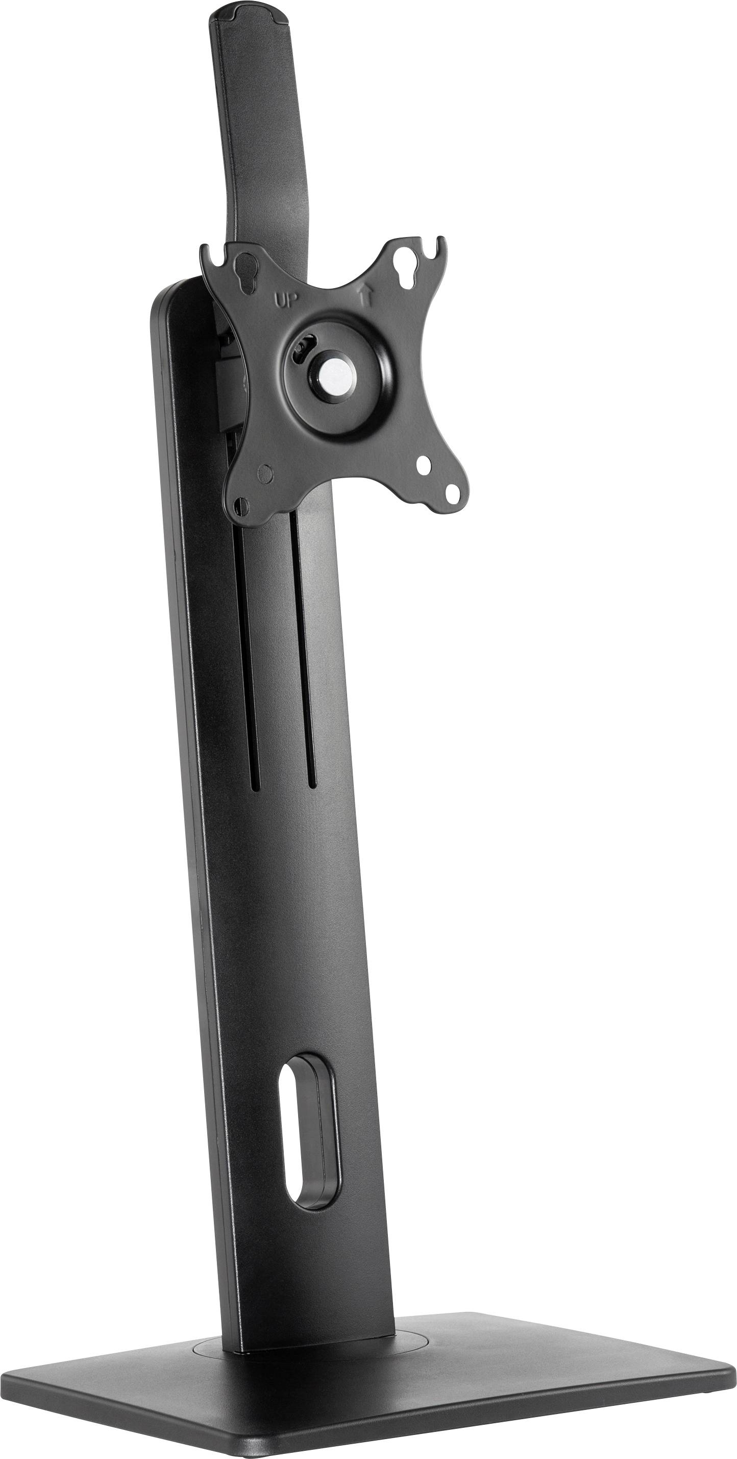 Support de moniteur noir avec support VESA, en position verticale. Adapté pour la fixation d'un écran.