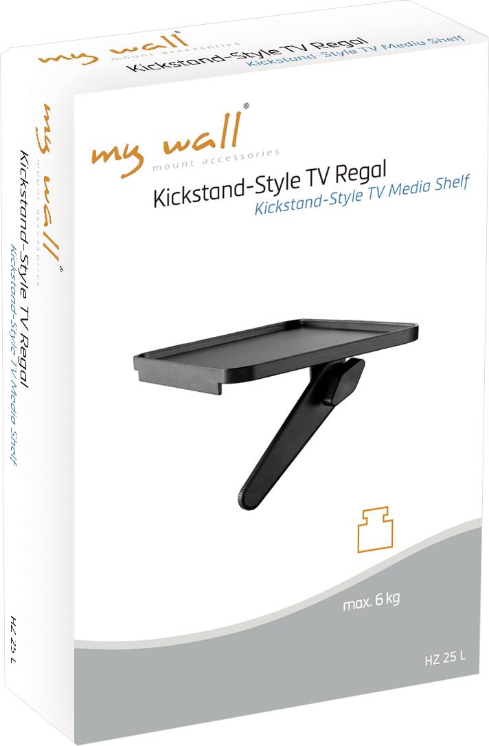 Emballage d'une étagère pour téléviseur de style support, marque 'my wall', avec illustration du produit, charge maximale de 6 kg, adaptée aux appareils multimédias.