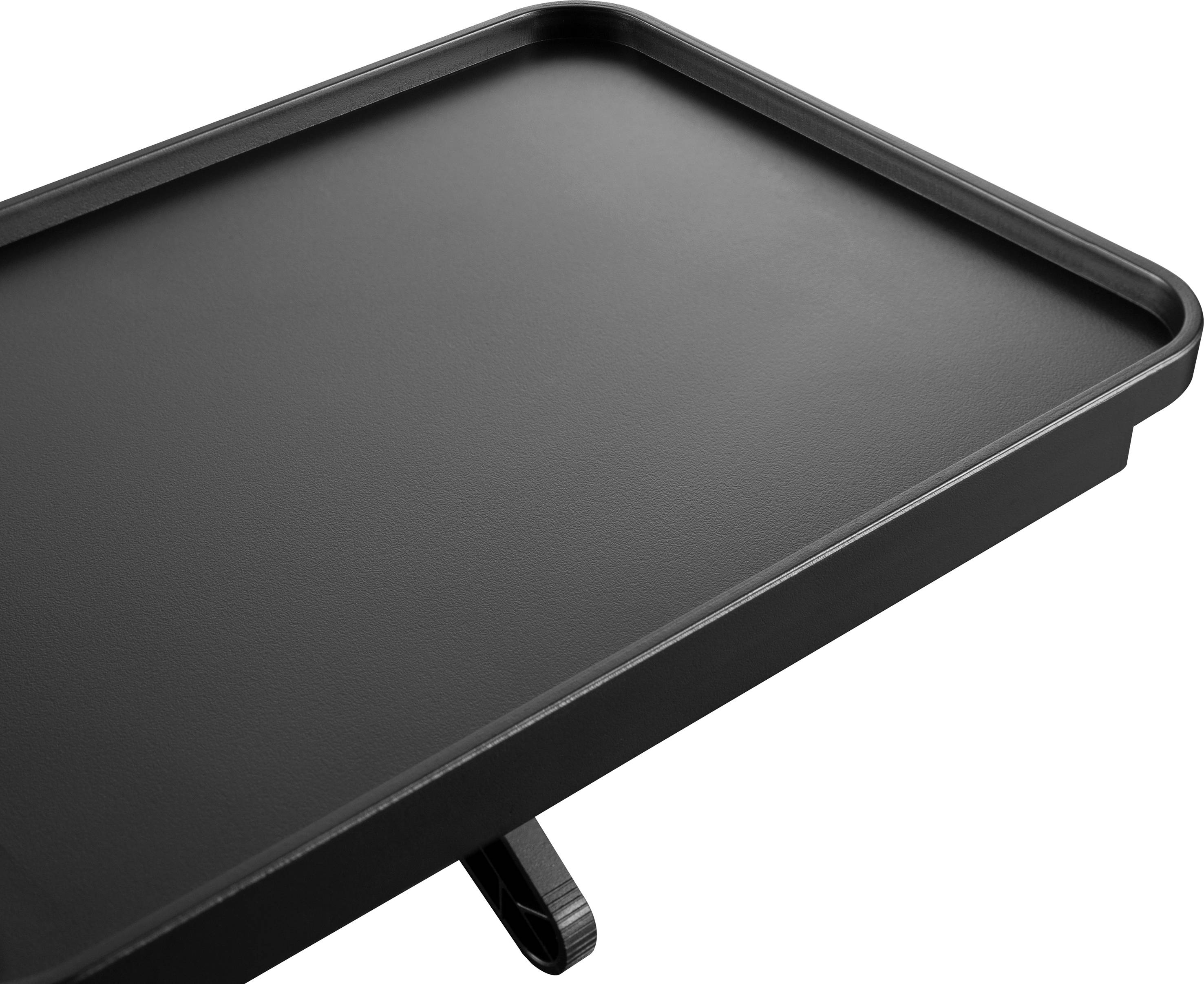 Plateau de table noir rectangulaire aux coins arrondis, reposant sur un pied stable.