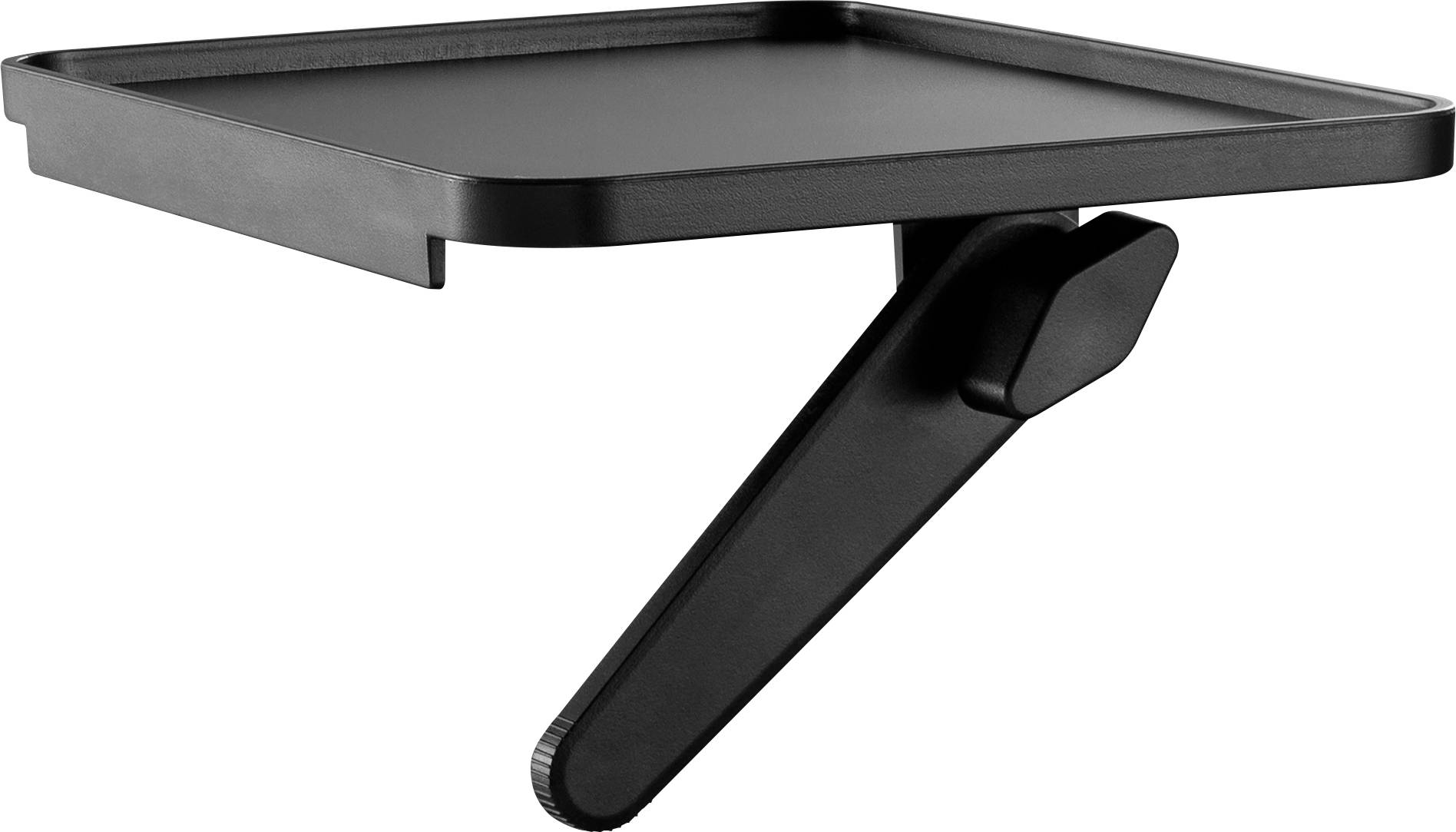 Plateau noir, rectangulaire, avec support incliné. Adapté pour être fixé sur une tige ou un meuble.