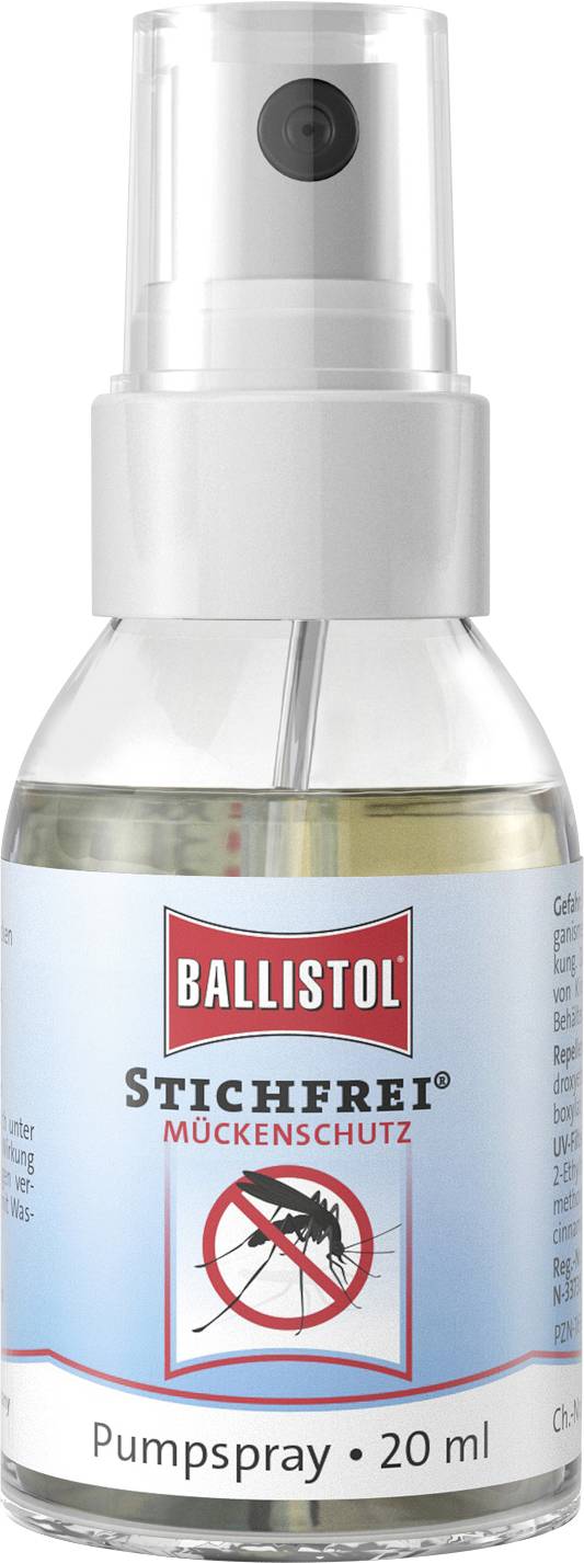 Flacon de spray anti-moustiques Ballistol, spray à pompe de 20 ml, avec un symbole rouge 'Pas de moustiques' sur l'étiquette.