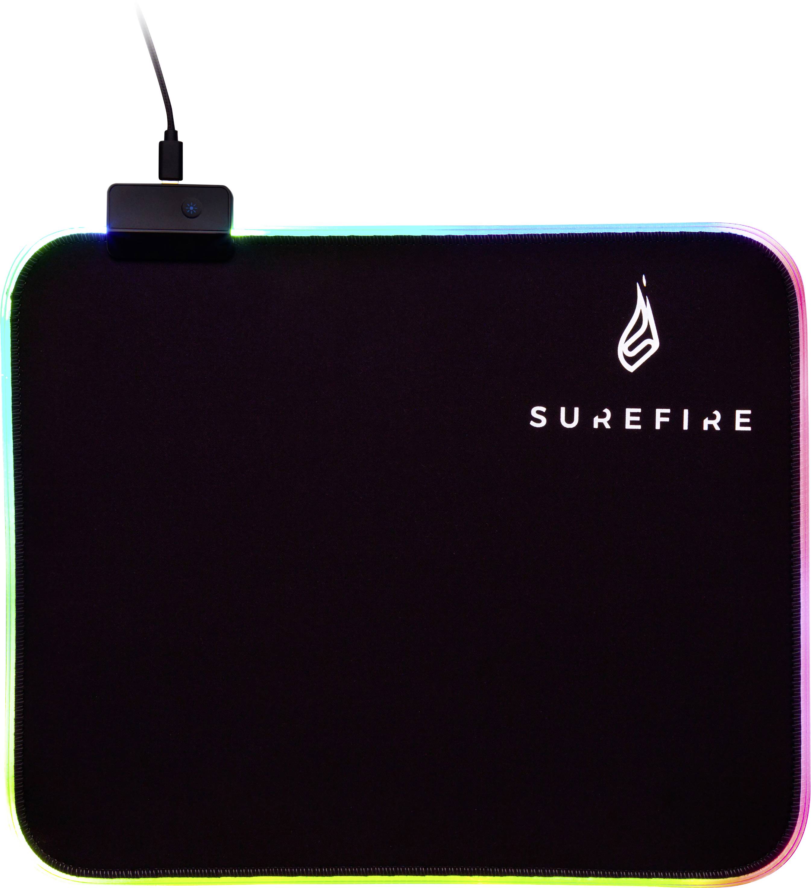 Tapis de souris de gaming avec surface noire et bords RGB lumineux. Le logo Surefire est représenté en haut à droite.