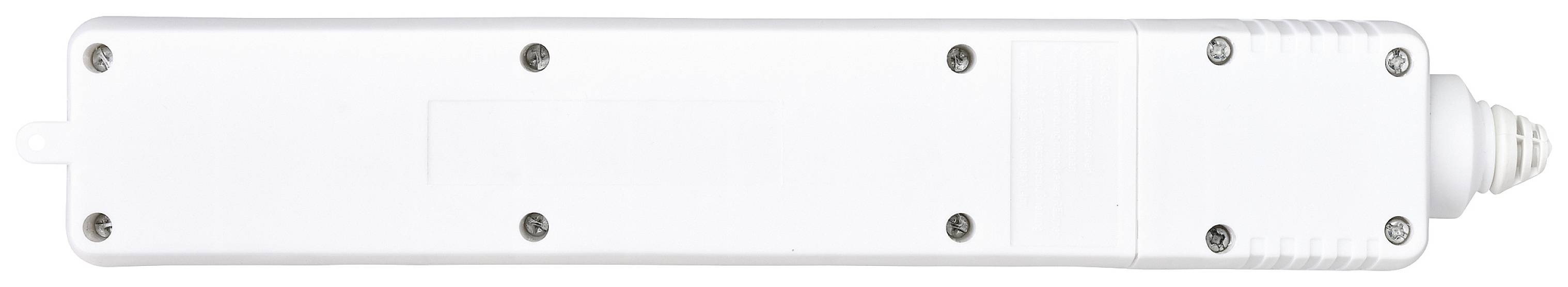 Un boîtier rectangulaire blanc allongé en plastique, doté de plusieurs vis et présentant une extrémité conique striée sur le côté droit.