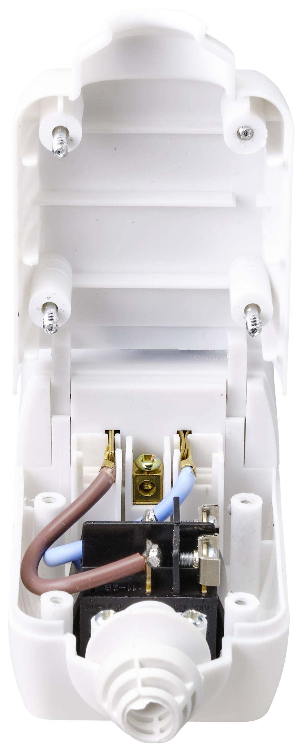 Boîtier électrique blanc ouvert avec des fils marron et bleu visibles, des bornes de connexion et des vis.