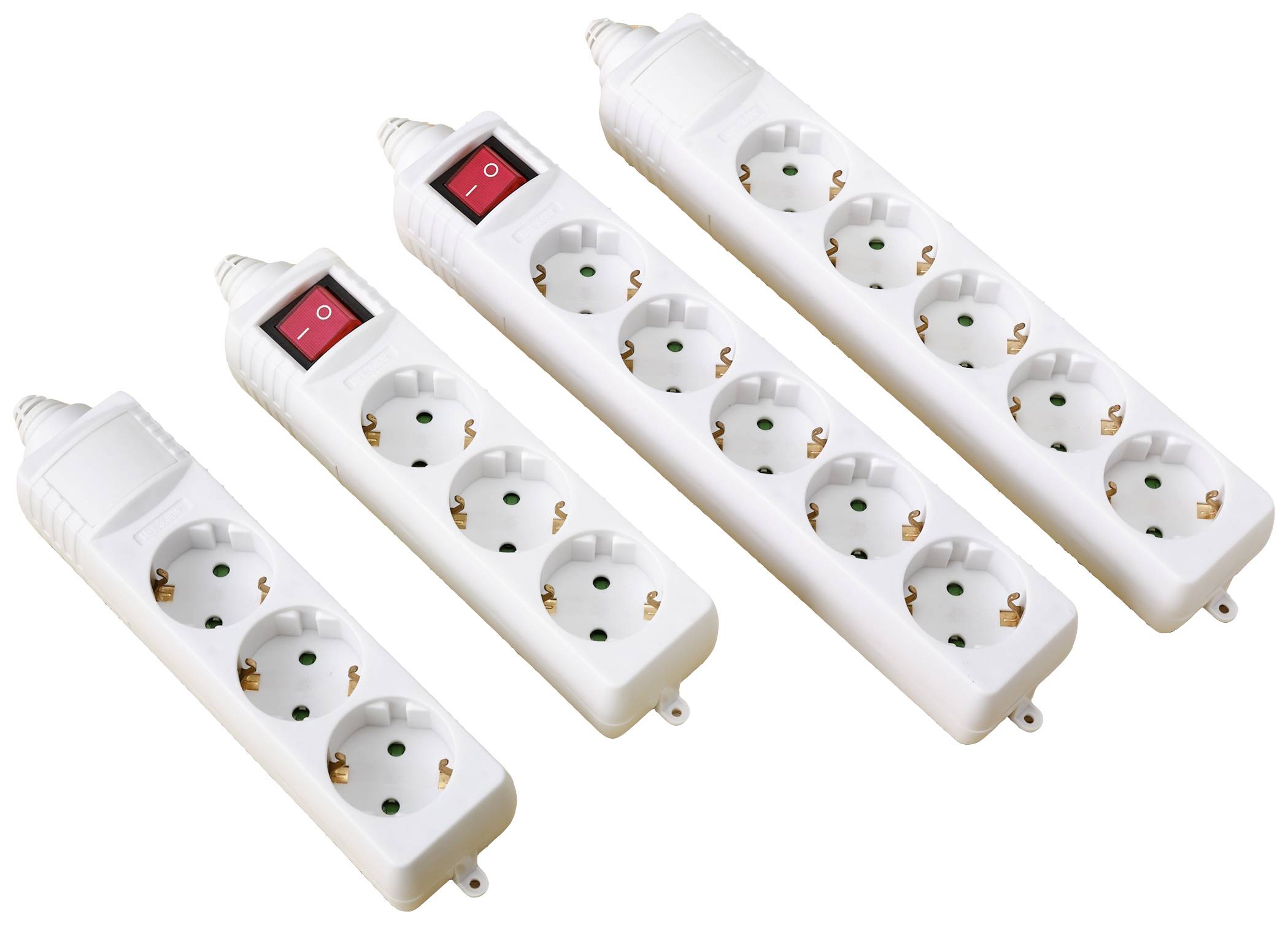 Quatre multiprises blanches, dont deux avec des interrupteurs marche/arrêt rouges. Chacune dispose de plusieurs emplacements pour brancher des appareils électriques.