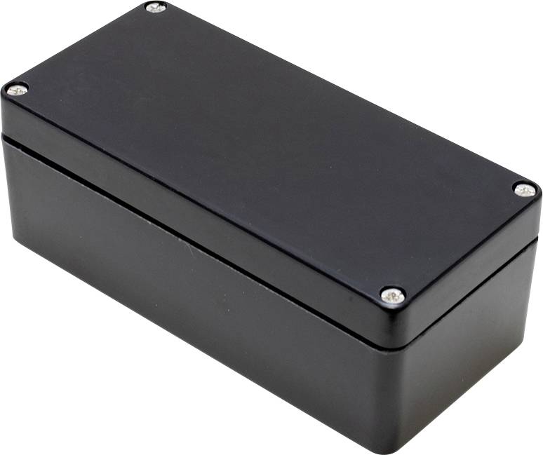 Un boîtier métallique noir rectangulaire avec des vis aux angles.
