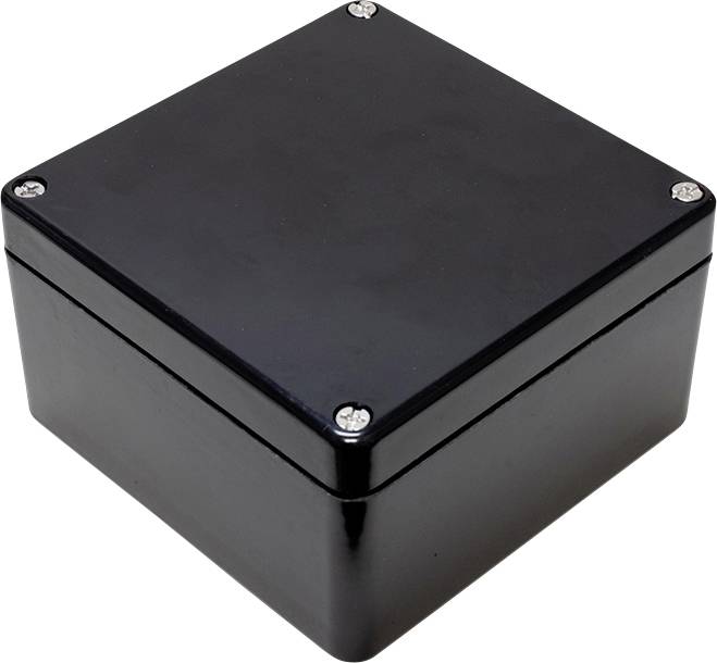 Boîtier noir carré avec quatre vis visibles aux angles, utilisé pour le rangement sécurisé de composants électroniques.