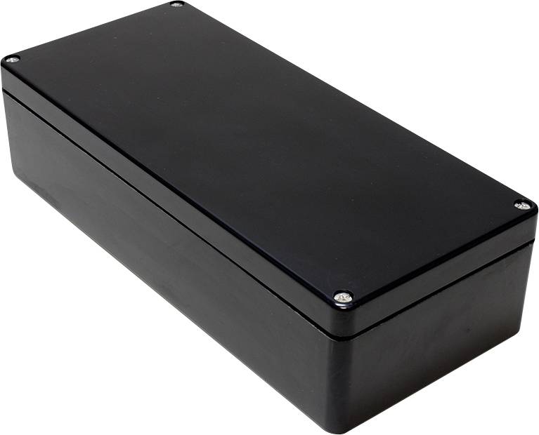 Boîtier en plastique noir, rectangulaire, avec des coins arrondis et quatre vis visibles aux angles.
