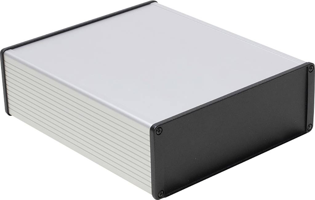 Boîtier métallique rectangulaire argenté avec façade noire, adapté aux appareils électroniques. Aucun logo ou inscription visible.