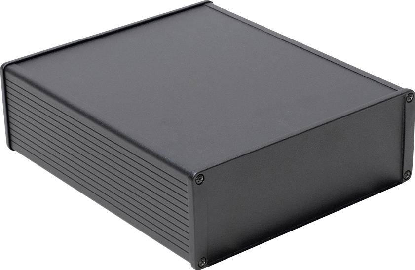 Boîtier métallique noir pour appareils électroniques, rectangulaire, avec côtés rainurés et coins biseautés.