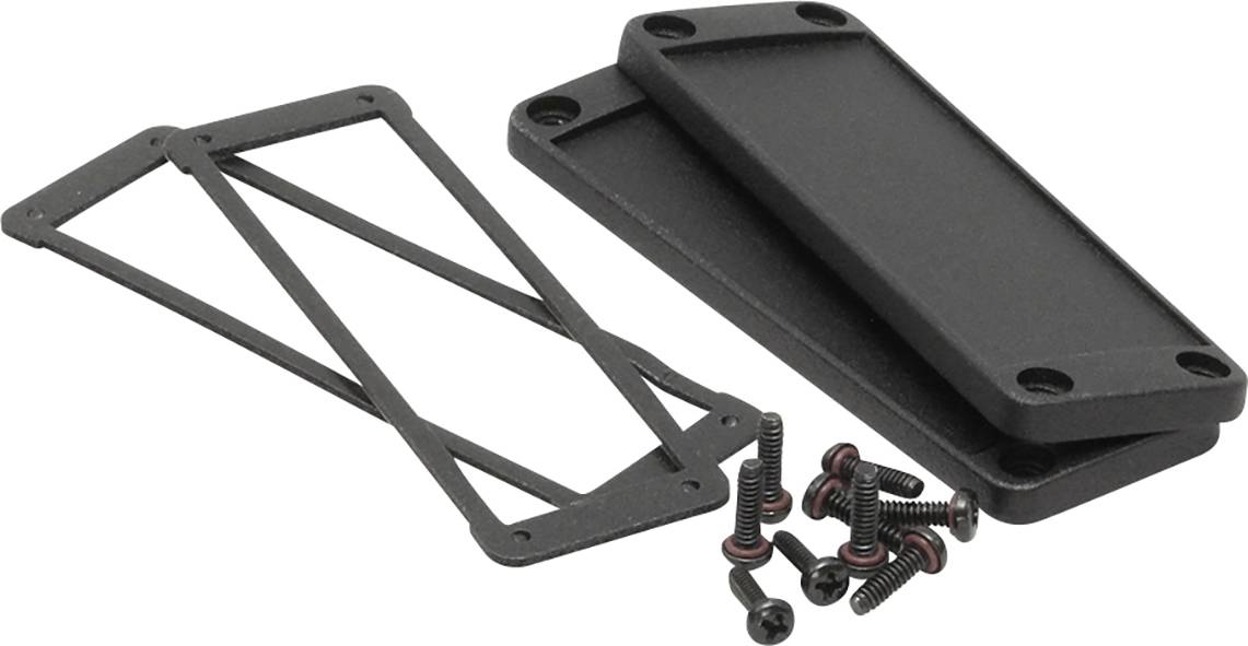 Deux caches noirs rectangulaires, deux joints et plusieurs vis, probablement du matériel de montage pour des appareils électroniques.