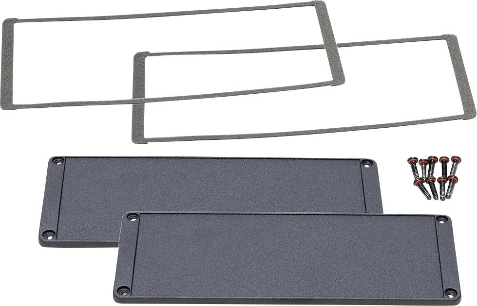 Deux plaques rectangulaires en métal avec des trous dans les coins, deux joints et dix petites vis. Les composants sont disposés côte à côte.