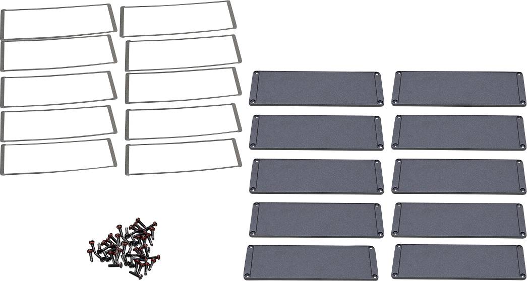 Ensemble de cadres d'étiquettes en métal rectangulaires, avec des étiquettes noires assorties et un nombre de vis de fixation.