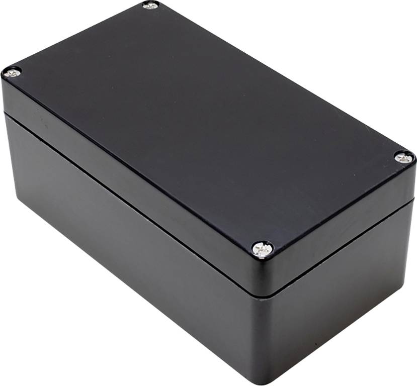 Boîtier noir rectangulaire avec des vis aux coins, probablement destiné à des composants électroniques.