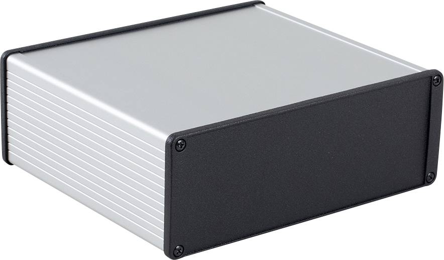 Un boîtier rectangulaire en métal argenté avec un panneau frontal noir, adapté aux appareils ou composants électroniques.