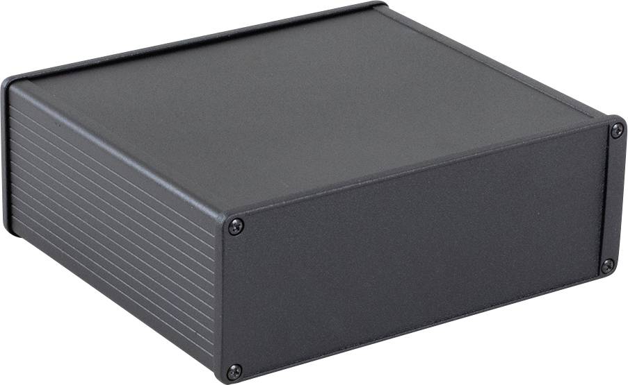 Un boîtier métallique noir avec des vis aux coins. Forme rectangulaire, adapté pour protéger des appareils électroniques.