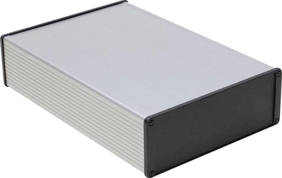 Boîtier en aluminium avec embouts en plastique noir, typiquement utilisé pour des composants électroniques tels que des disques durs ou des unités de commande.