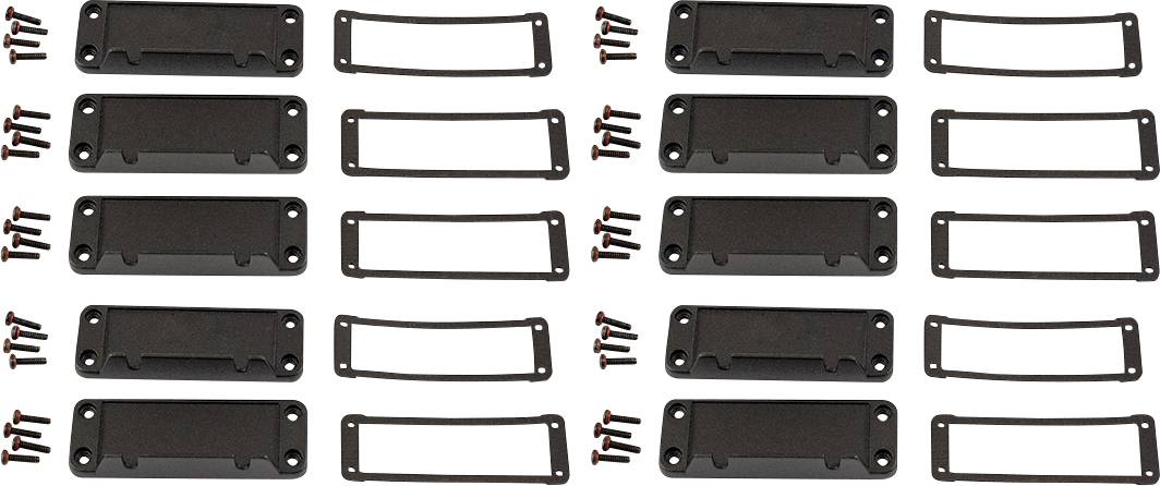 Plusieurs housses de guitare noires, joints et vis disposés de manière organisée.