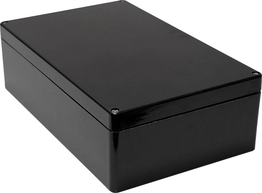 Boîtier noir rectangulaire à surface lisse et bords biseautés.