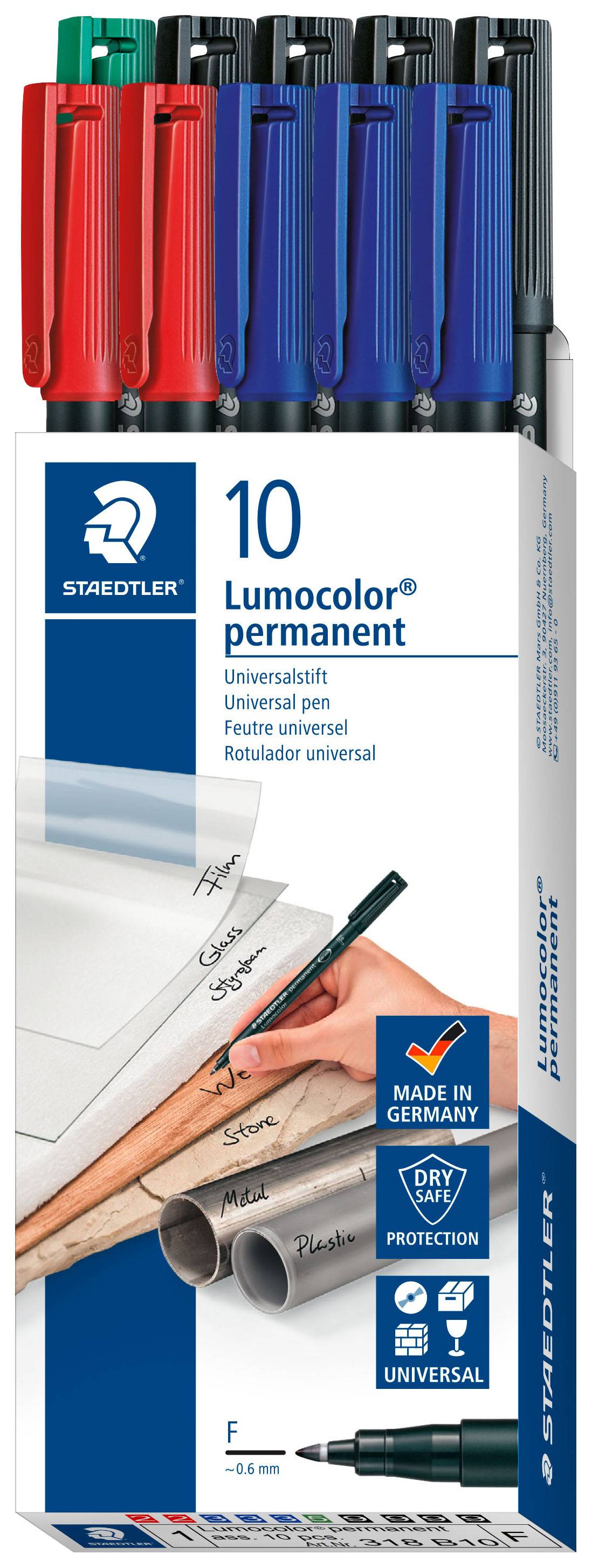Marqueurs 'Lumocolor permanent' de Staedtler : Pack de 10 en Rouge, Bleu, Noir, Vert. Adaptés au papier, CD, verre, plastique. Fabriqués en Allemagne.