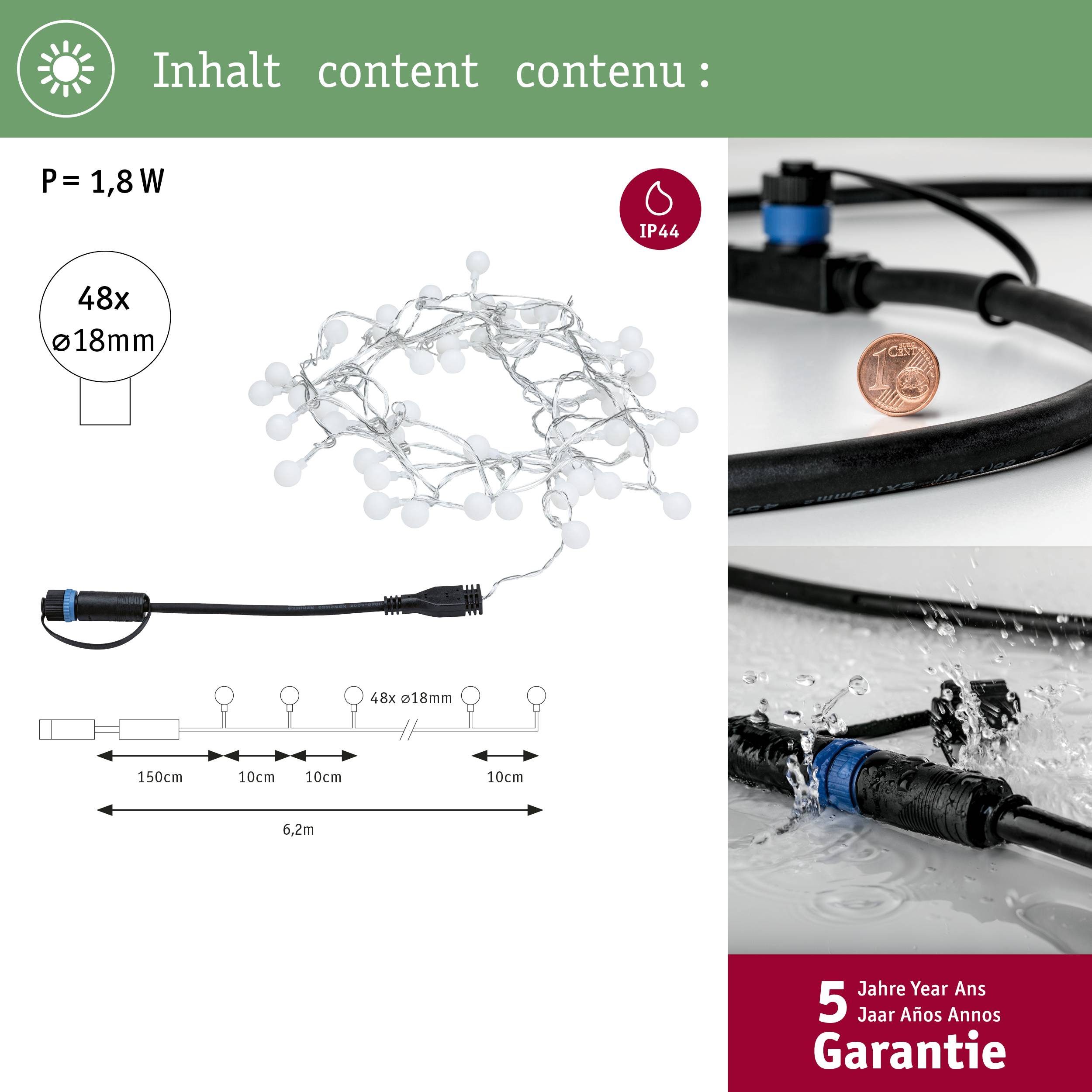 'L'illustration montre une guirlande lumineuse avec 48 boules, Ø 18 mm, longueur 150 cm, puissance 1,8 W. Classe de protection IP44. 5 ans de garantie.'