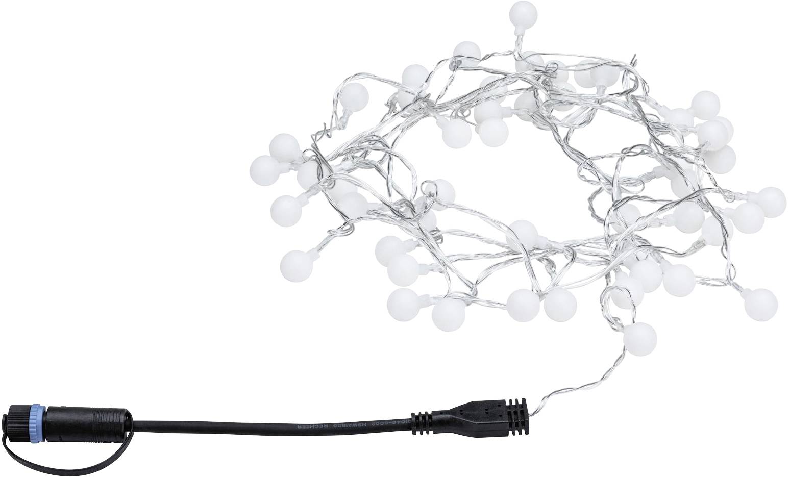 Une guirlande lumineuse avec des boules blanches et un câble noir, adaptée à la décoration ou à l'éclairage. Idéale pour les utilisations intérieures et extérieures.