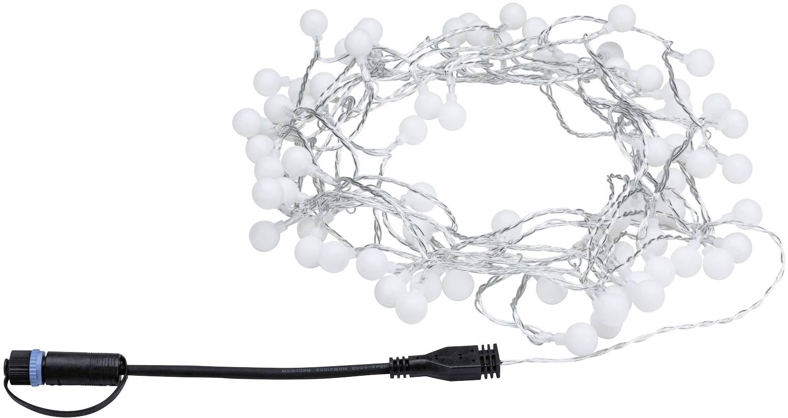 Une guirlande lumineuse avec des boules blanches et une fiche noire. Idéale pour les décorations d'intérieur ou de jardin.