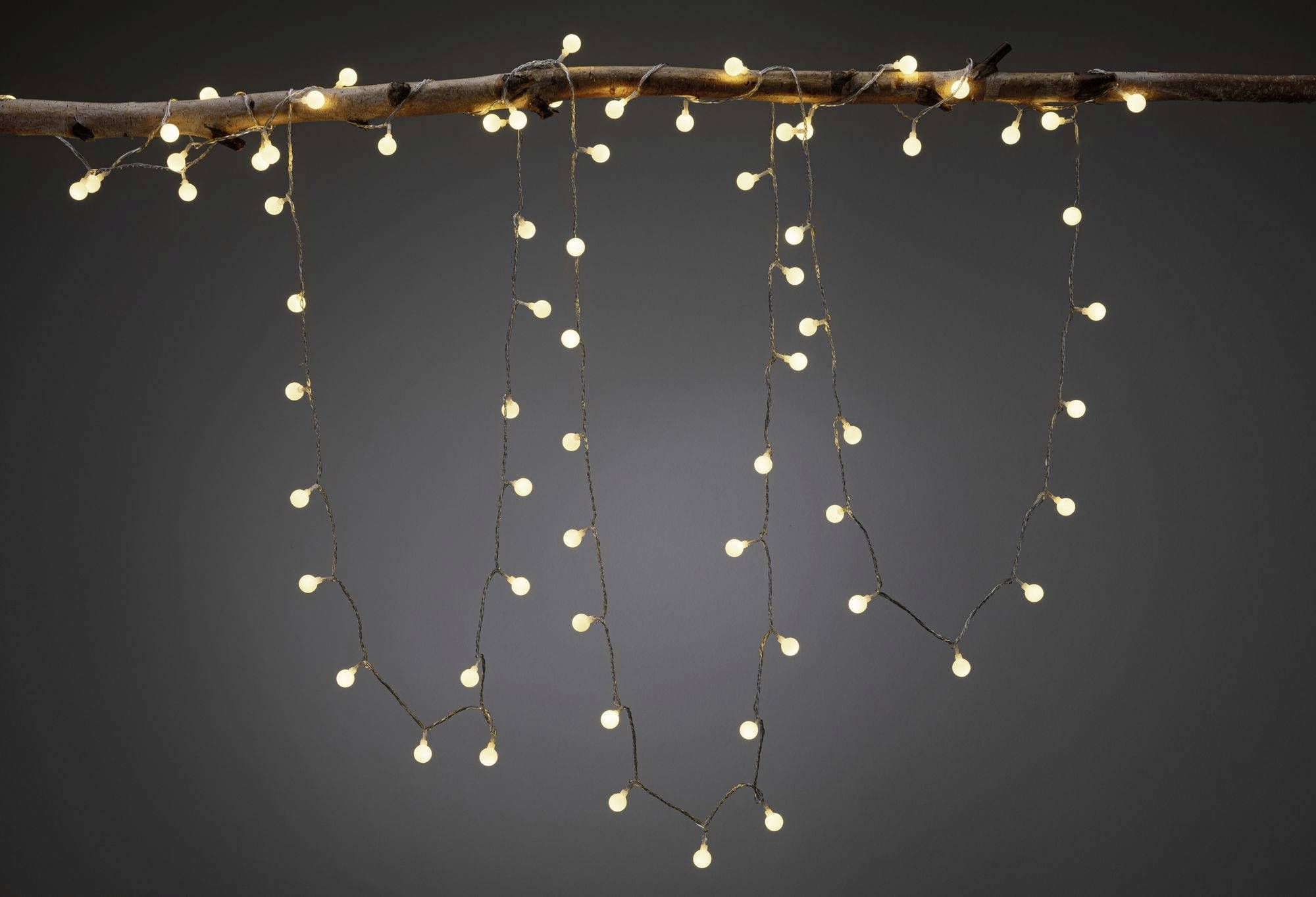 Une branche ornée de guirlandes lumineuses blanches chaudes suspendues sur un fond gris, créant une atmosphère chaleureuse et accueillante.