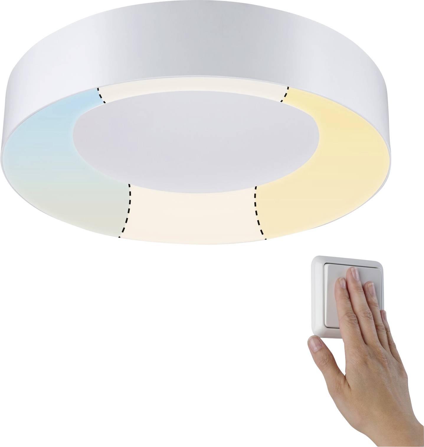 Une main actionne un interrupteur qui commande un luminaire rond au plafond avec des nuances de couleur variant du bleu au jaune.