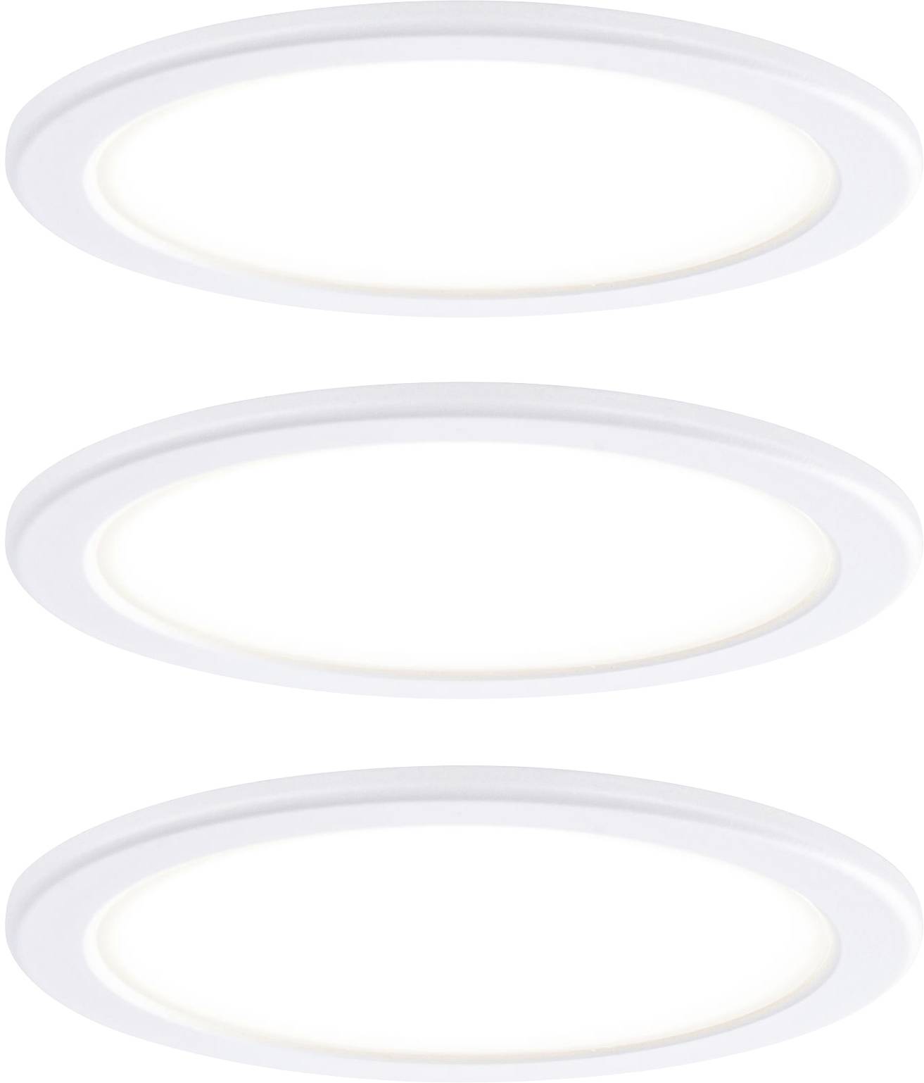 Trois luminaires LED ronds blancs, répartis uniformément, brillent doucement dans un espace neutre.