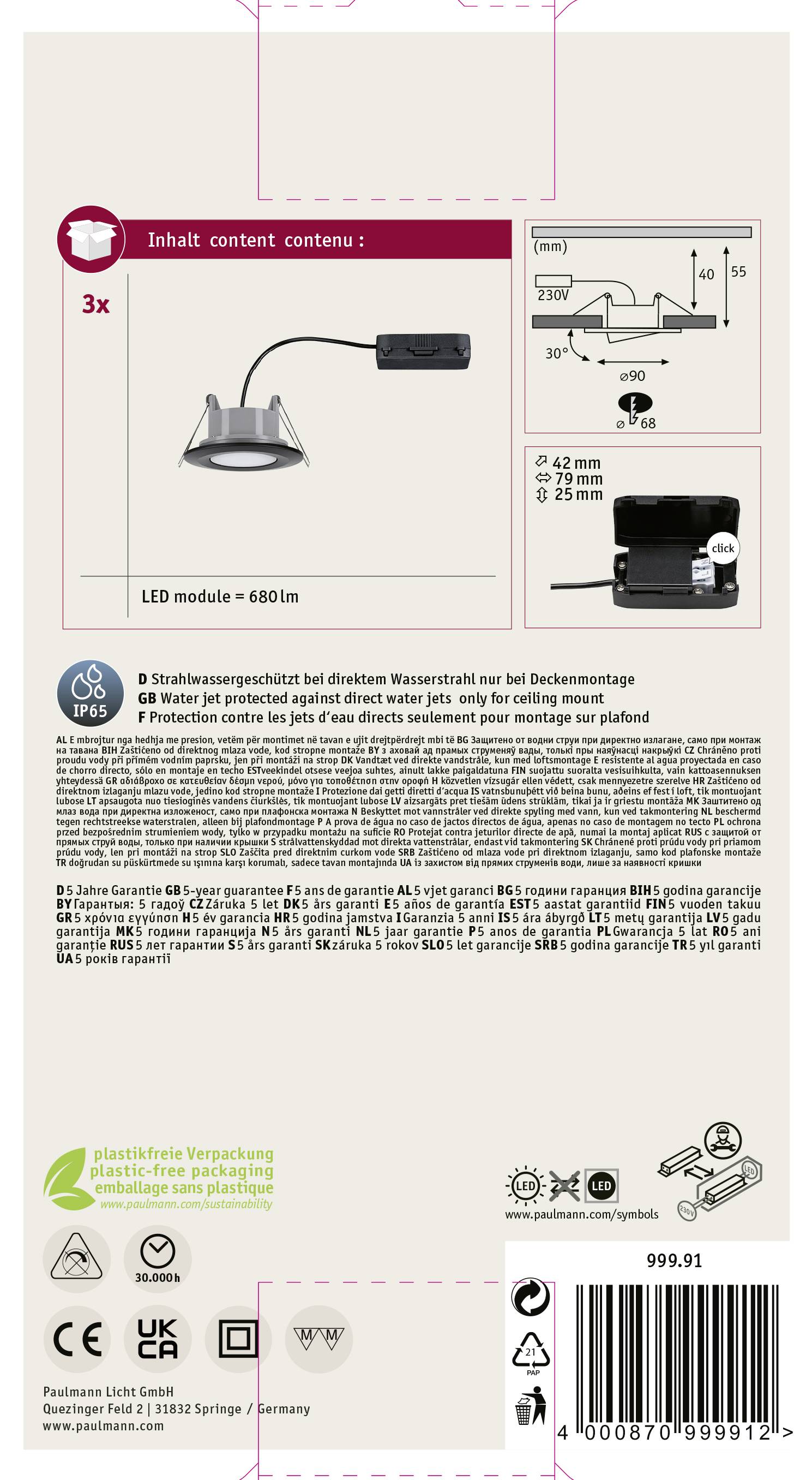 Paulmann 99991 Luminaire à LED encastrable LED LED intégrée 18 W noir (mat)